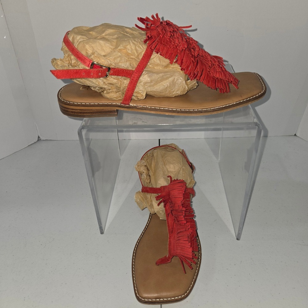 Chicos Red Suede Fringe T-Strap Flat Sandals Womens 8.5M Square Toe Boho AD74